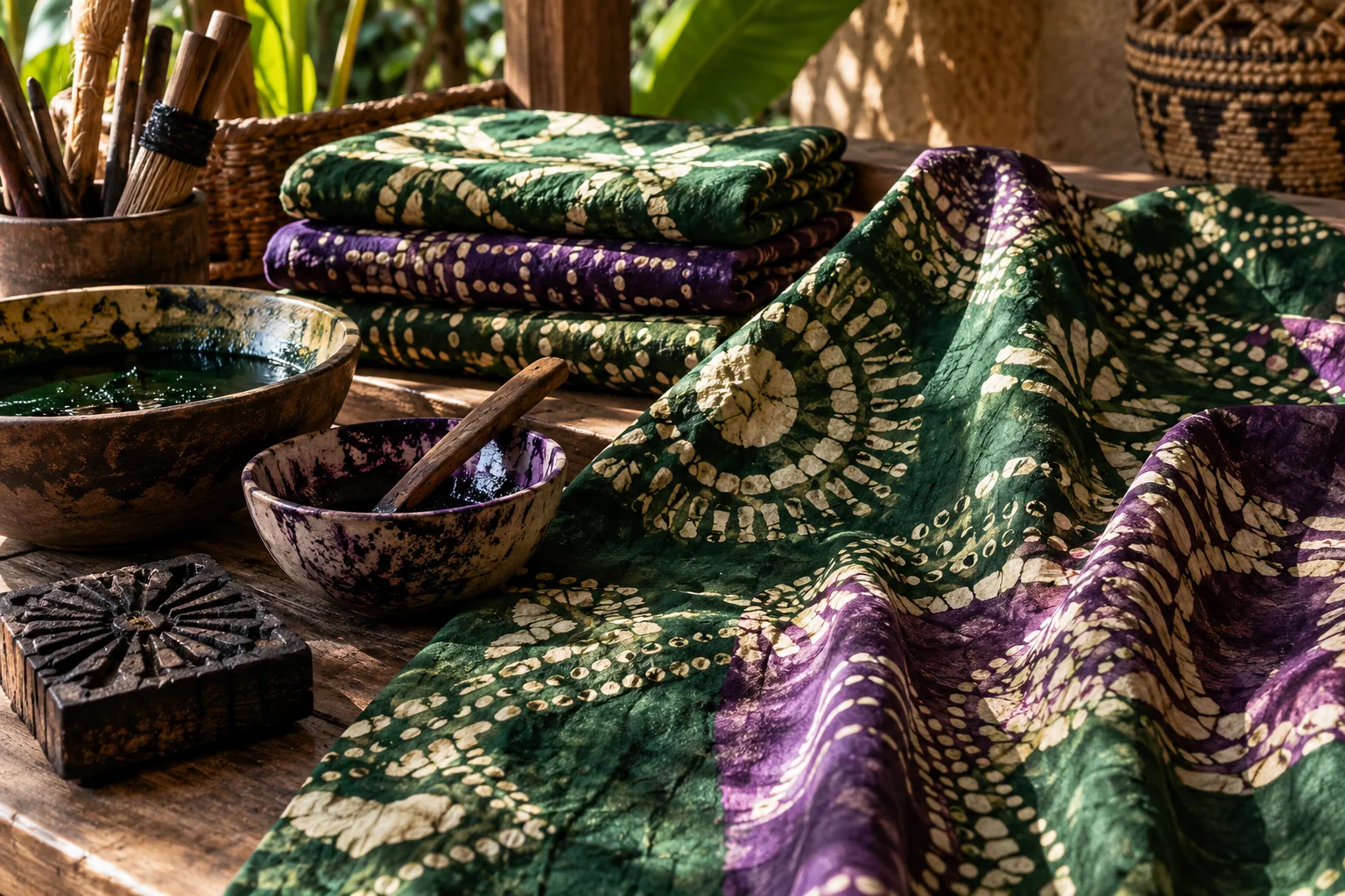 Illustrative green and purple batik textiles
