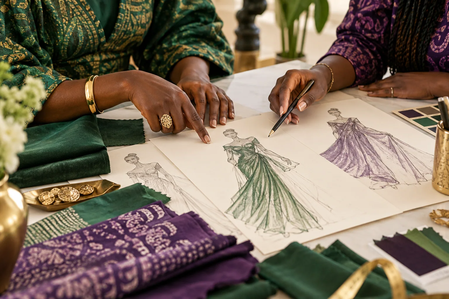 Illustrative discussion of sketches and fabric choices