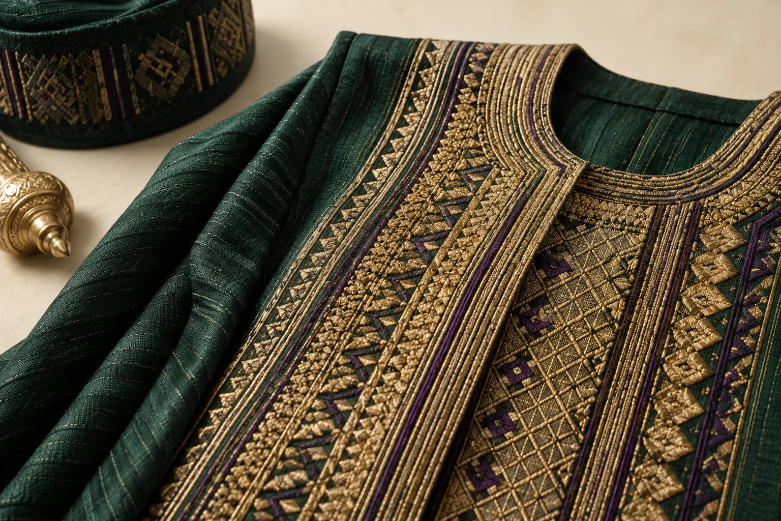 Illustrative gold embroidery on green fabric