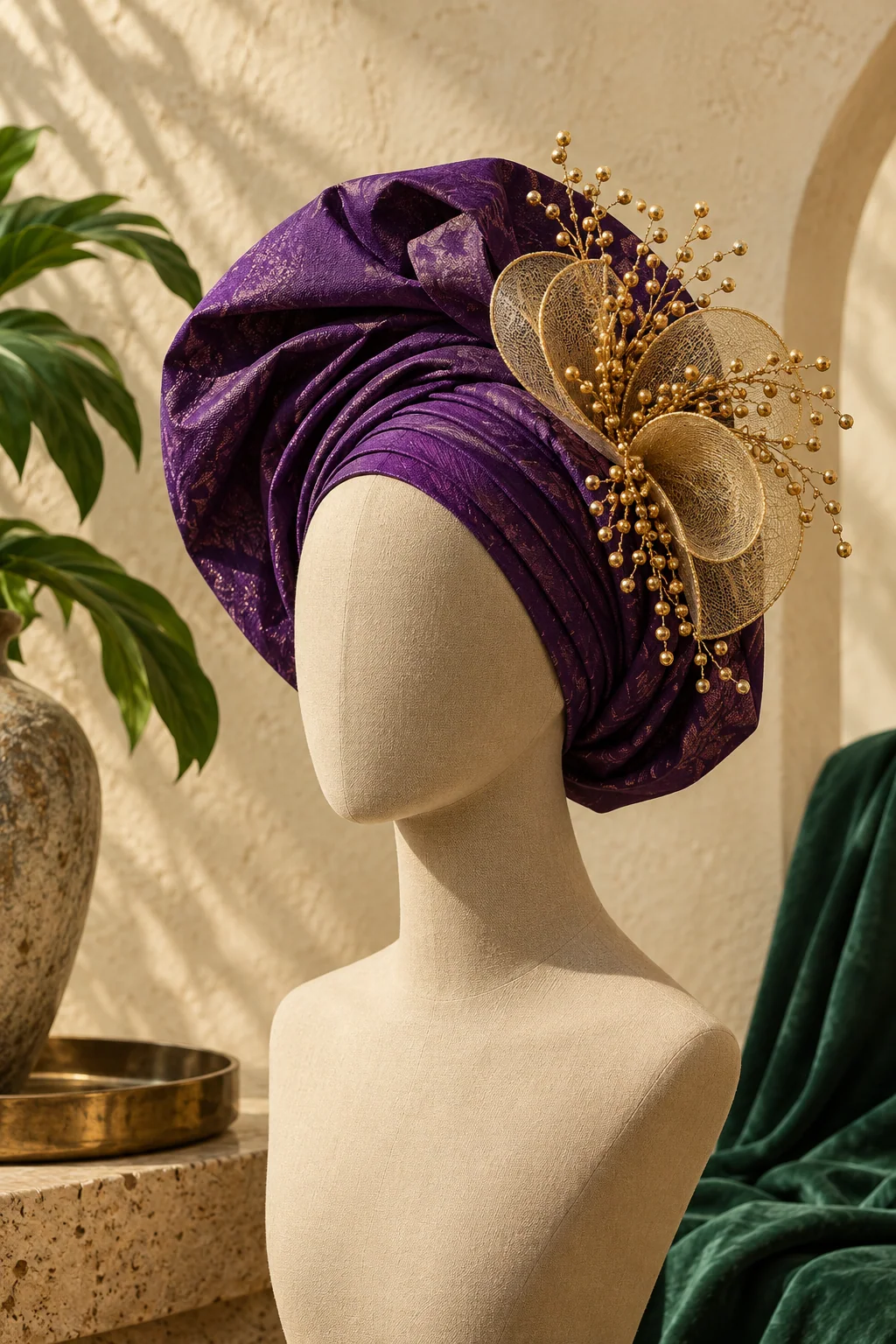 Illustrative purple headwear and fascinator