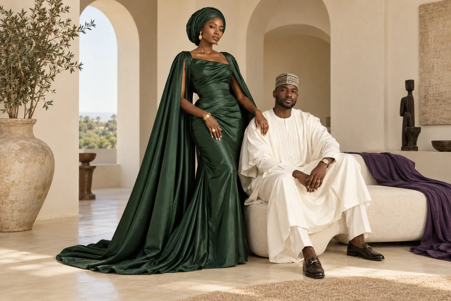 Illustrative Nigerian fashion editorial with green and ivory attire