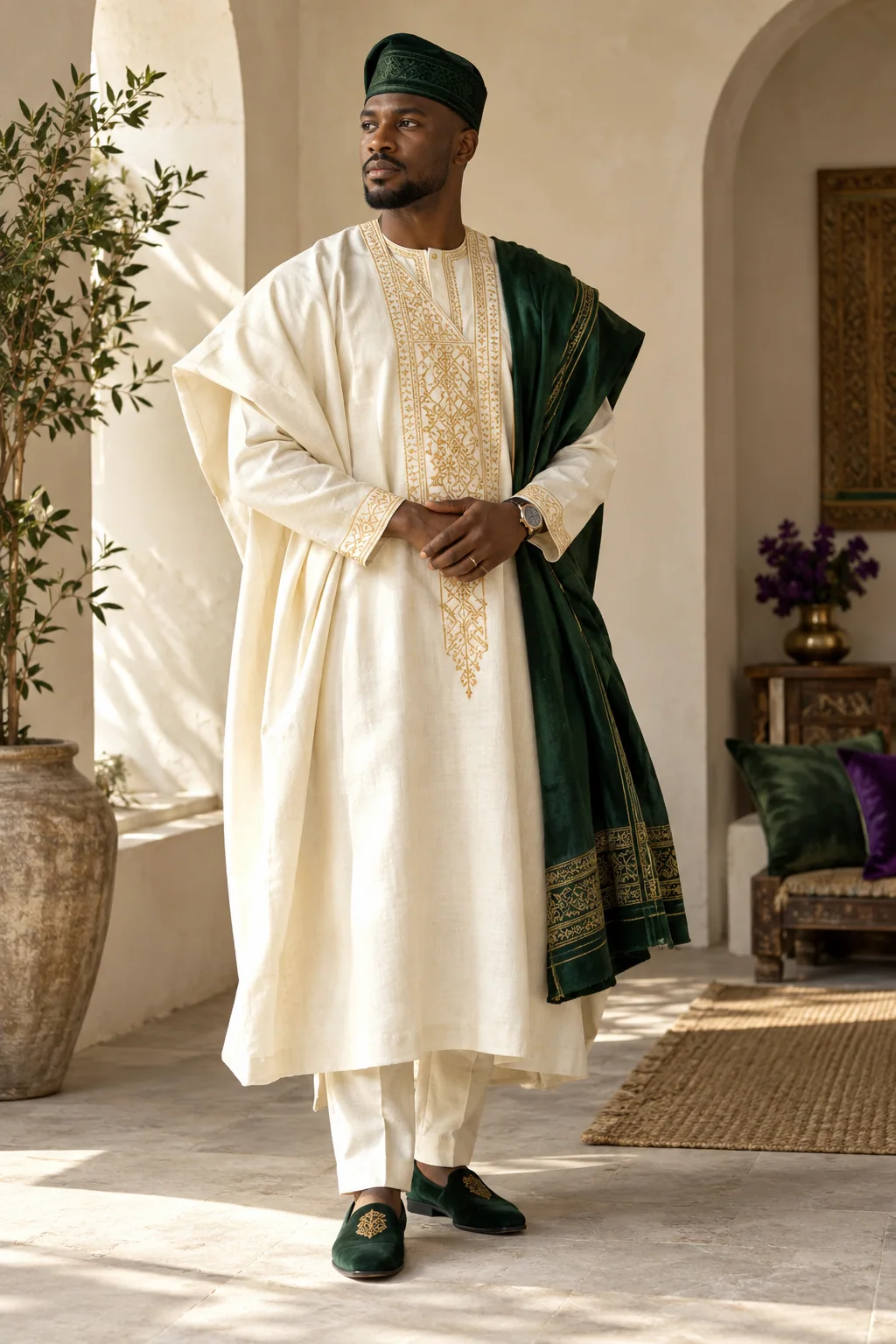 Illustrative ivory agbada with gold embroidery